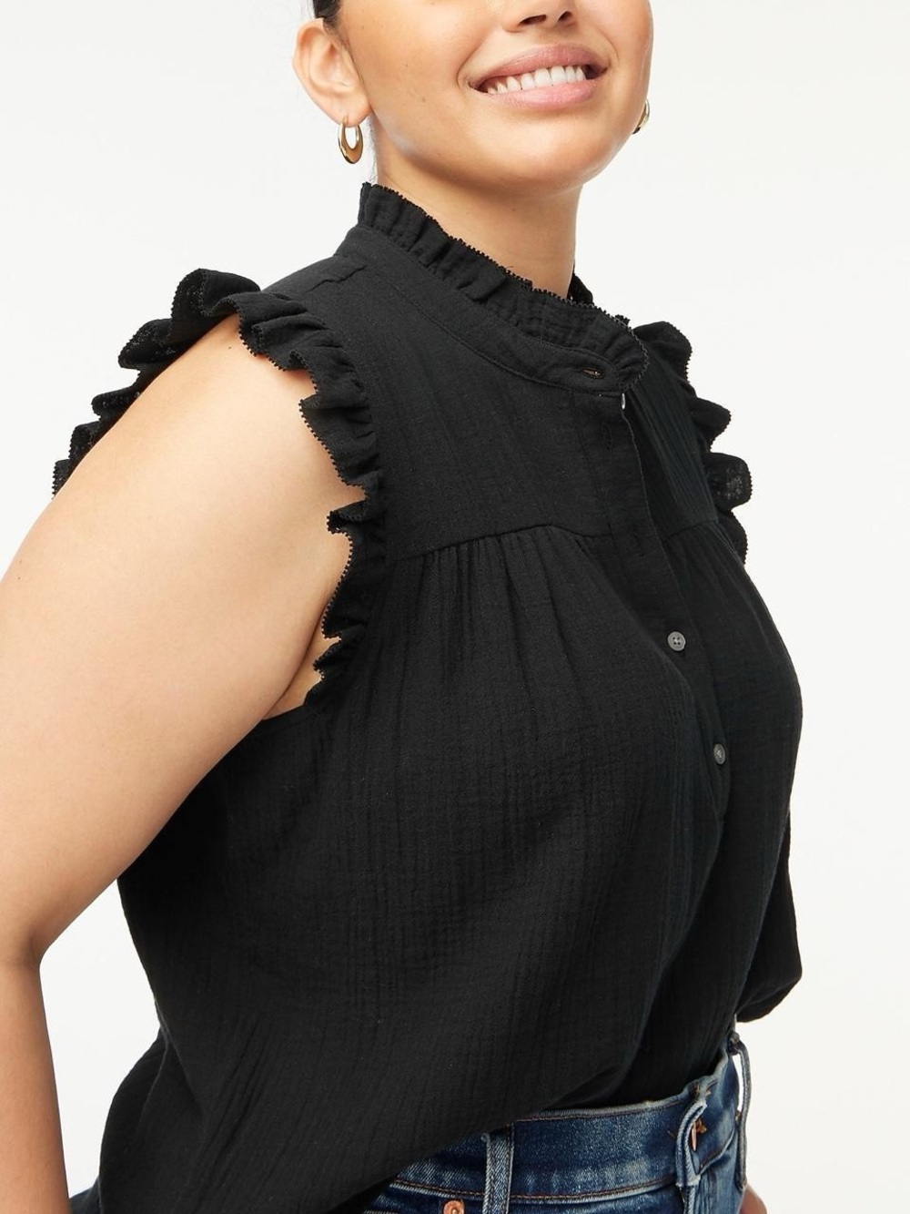 J.Crew Black Gauze Smocked Ruffleneck Sleeveless Casual Minimalist Top 2X